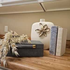 Decorative White Ceramic Vase with Gold Flower Accent